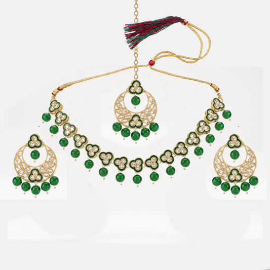 Exquisite Kundan & Emerald Green Beaded Necklace Set with Chandbali Earrings