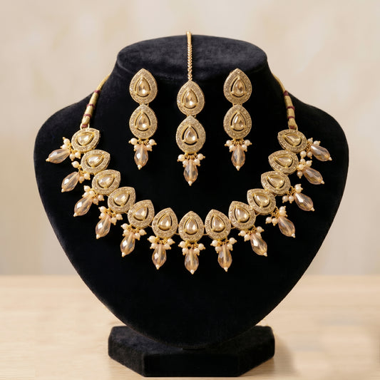 Elegant Champagne Gold Teardrop Necklace Set with Earrings & Maang Tikka