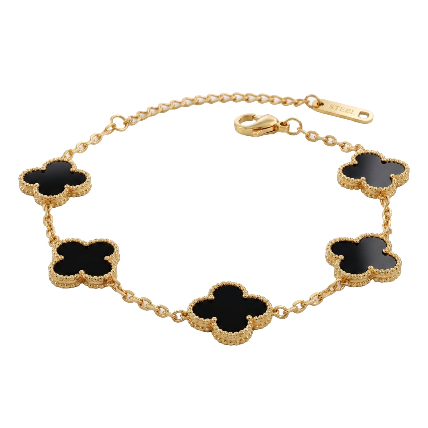 Elegant Black Quatrefoil Clover Bracelet | Gold-Tone Chain