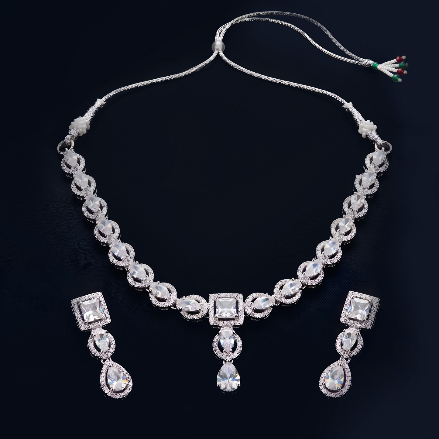 Exquisite Silver-Plated American Diamond (AD) Necklace Set with Drop Earrings