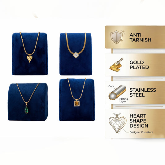 Anti-Tarnish Gold-Plated Necklace Combo Set of 4 | Heart, Crystal, Emerald & Tiger Eye Pendants