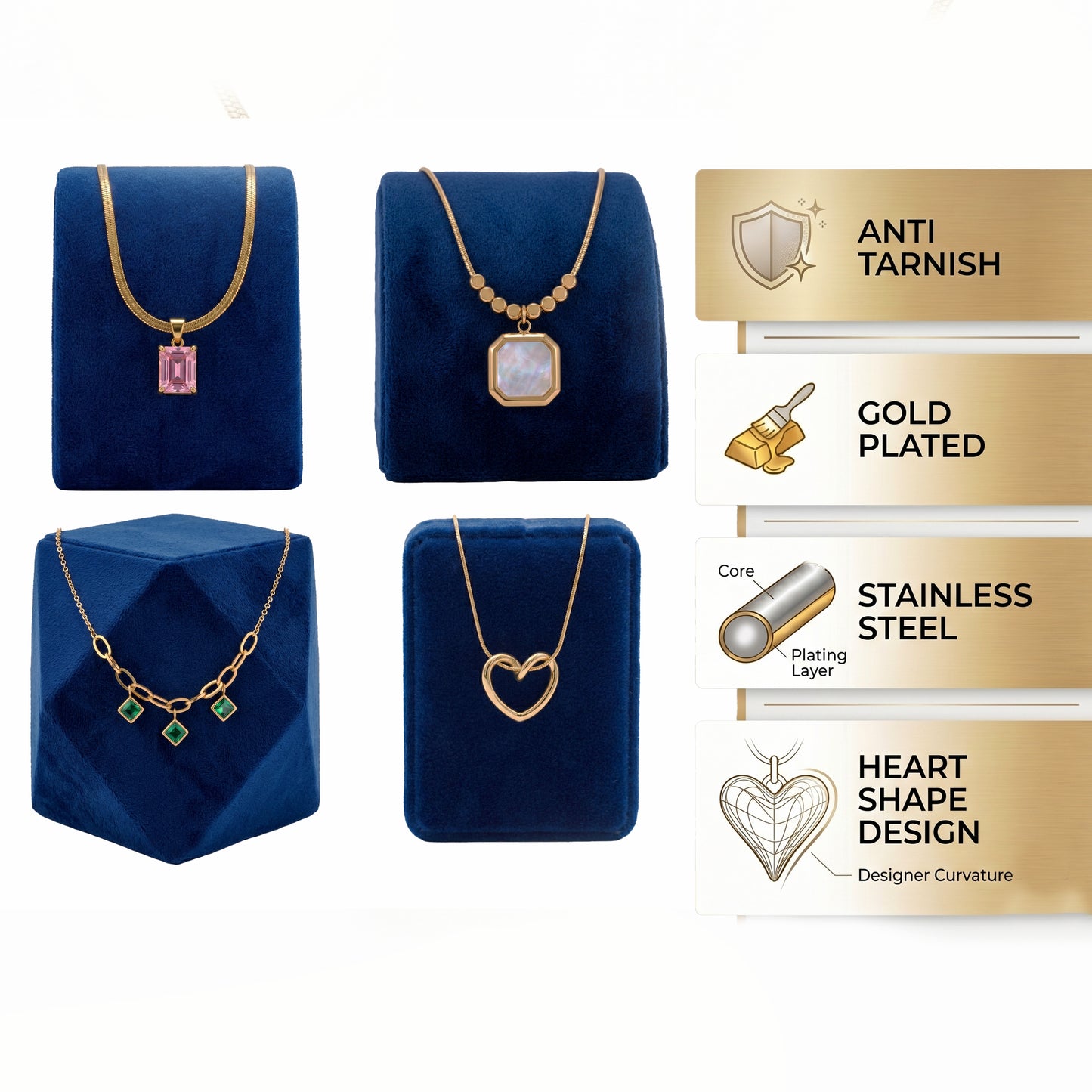 Anti-Tarnish Gold-plated Necklace Combo Set of 4 | Pink Stone, Opal, Emerald Charm & Open Heart Pendants