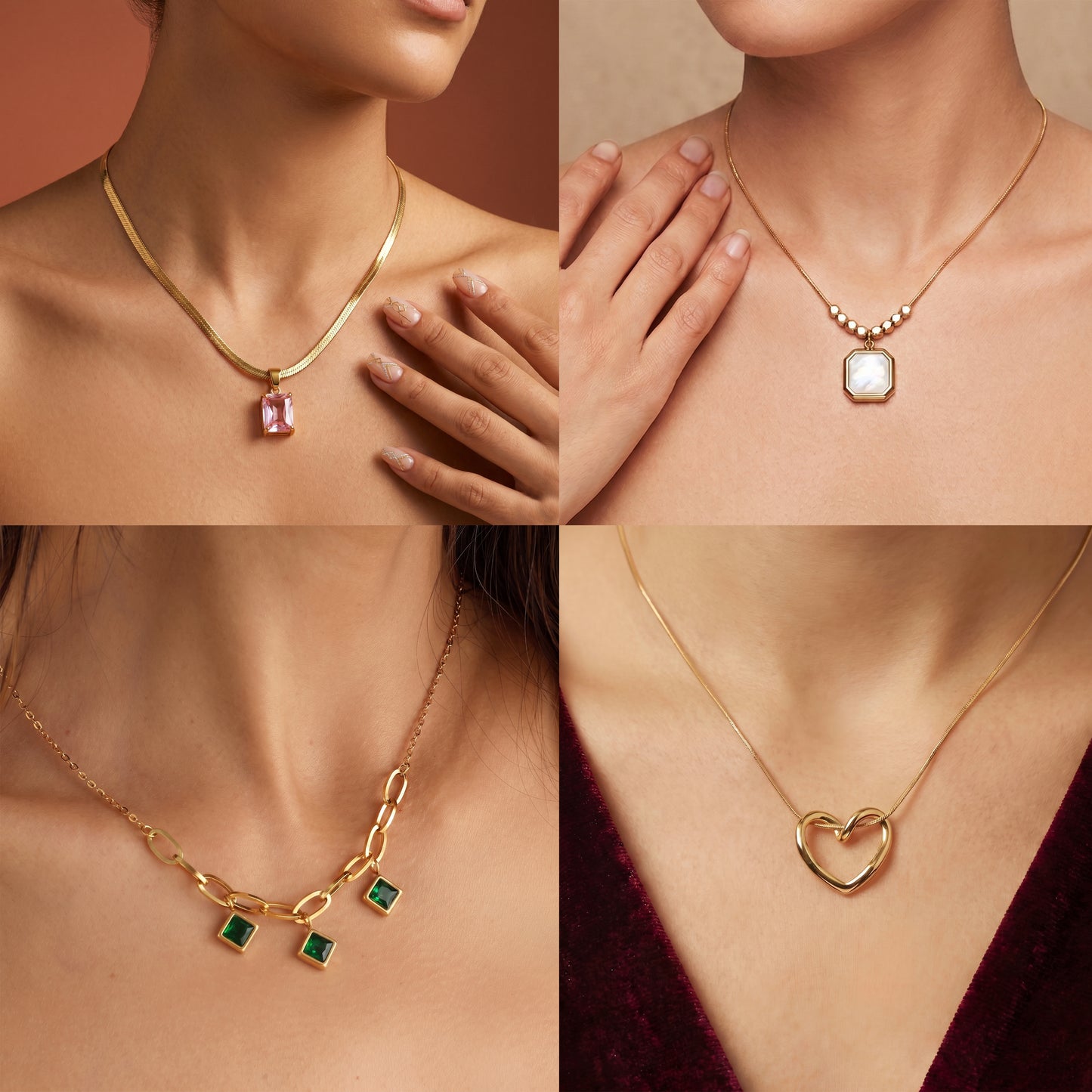 Anti-Tarnish Gold-plated Necklace Combo Set of 4 | Pink Stone, Opal, Emerald Charm & Open Heart Pendants
