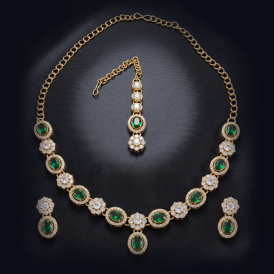 Exquisite Emerald Green & Diamond Rose Gold Jewelry Set (Necklace, Earrings & Maang Tikka)