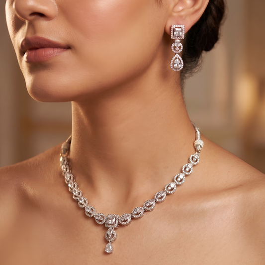 Exquisite Silver-Plated American Diamond (AD) Necklace Set with Drop Earrings