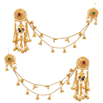 Traditional Gold-Plated Bahubali Earrings with Hair Chain & Pearl Detailing