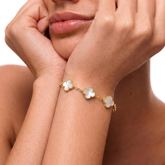 Elegant White Quatrefoil Clover Bracelet | Gold-Tone Chain