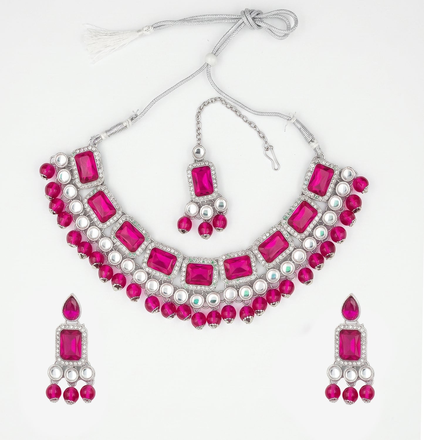 Elegant Rani Pink & Silver-Plated Choker Jewellery Set with Maang Tikka & Earrings