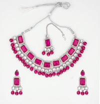 Elegant Rani Pink & Silver-Plated Choker Jewellery Set with Maang Tikka & Earrings