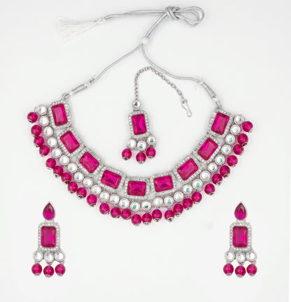 Elegant Rani Pink & Silver-Plated Choker Jewellery Set with Maang Tikka & Earrings