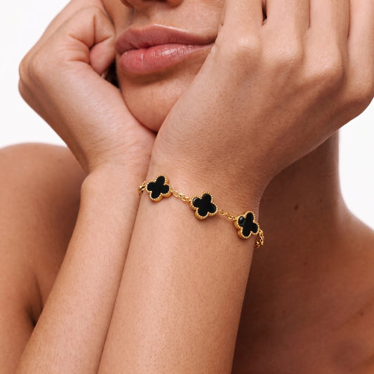 Elegant Black Quatrefoil Clover Bracelet | Gold-Tone Chain