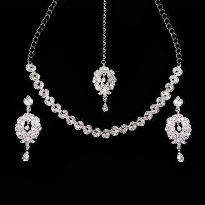 Elegant Silver Tone Necklace Set with Earrings & Maang Tikka