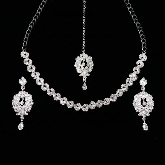 Elegant Silver Tone Necklace Set with Earrings & Maang Tikka