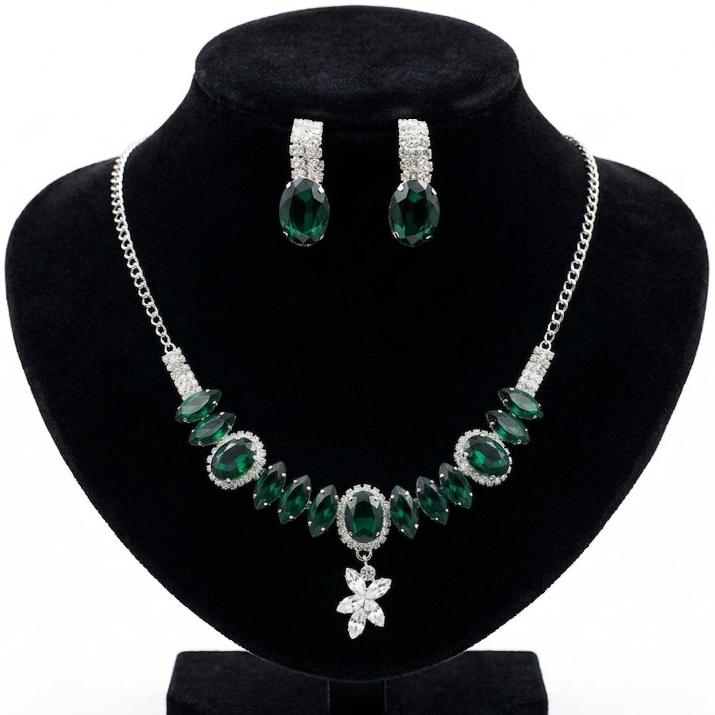 Elegant Emerald Green Crystal Statement Necklace & Earring Jewellery Set