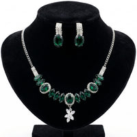 Elegant Emerald Green Crystal Statement Necklace & Earring Jewellery Set