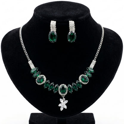 Elegant Emerald Green Crystal Statement Necklace & Earring Jewellery Set