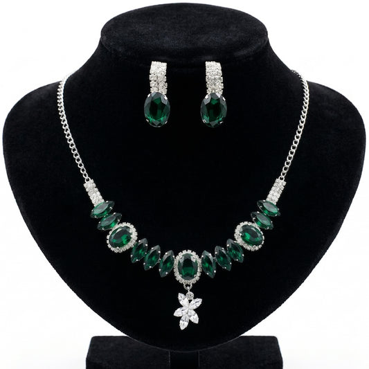 Elegant Emerald Green Crystal Statement Necklace & Earring Jewellery Set