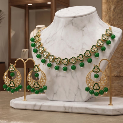 Exquisite Kundan & Emerald Green Beaded Necklace Set with Chandbali Earrings
