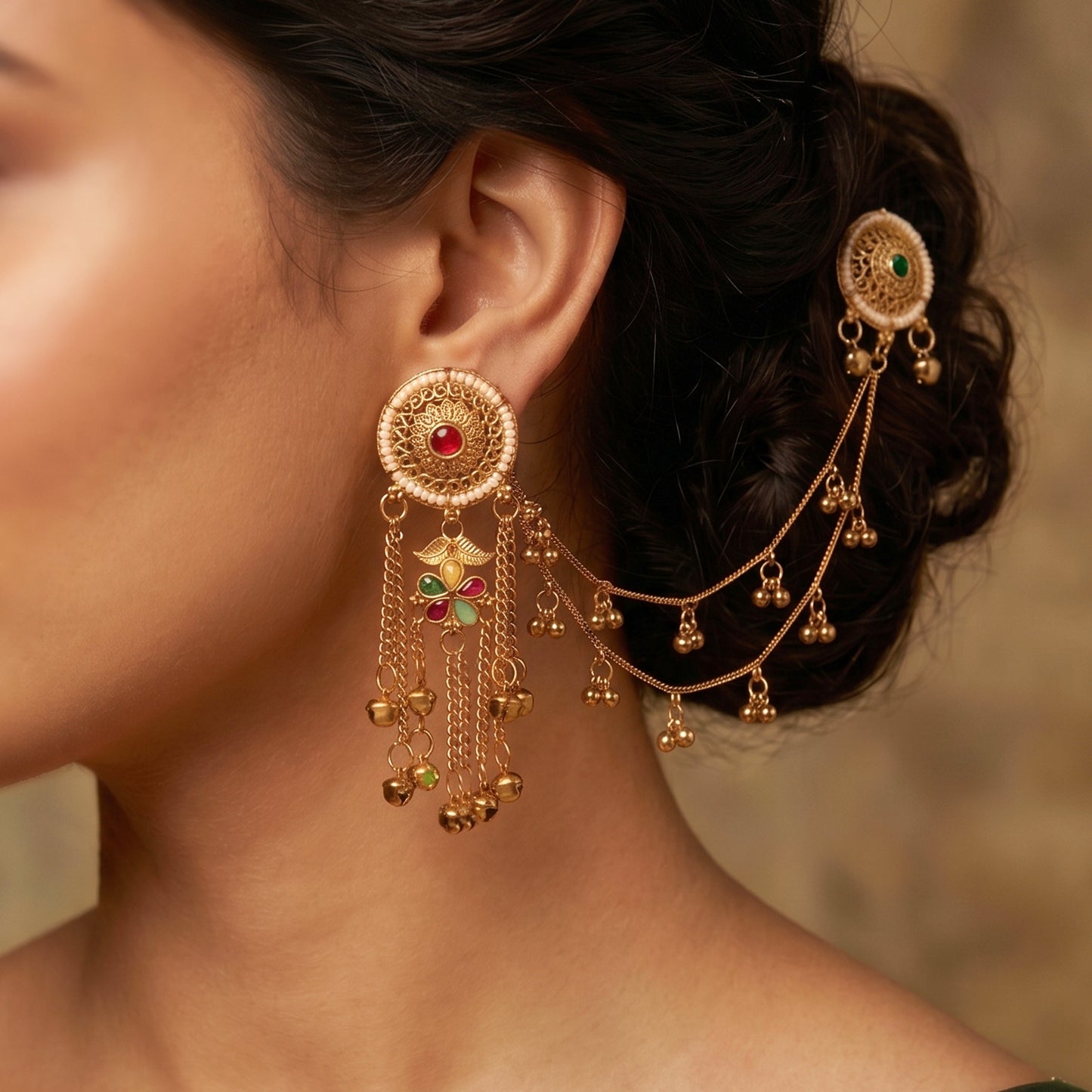 Traditional Gold-Plated Bahubali Earrings with Hair Chain & Pearl Detailing