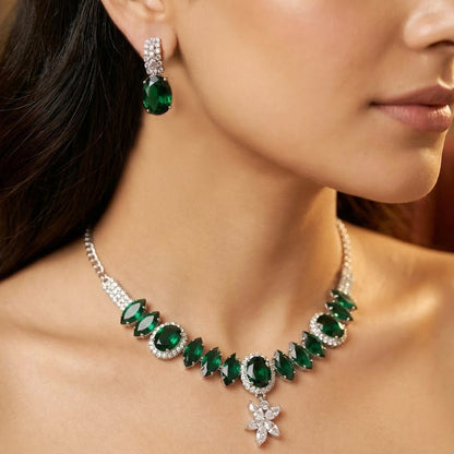 Elegant Emerald Green Crystal Statement Necklace & Earring Jewellery Set