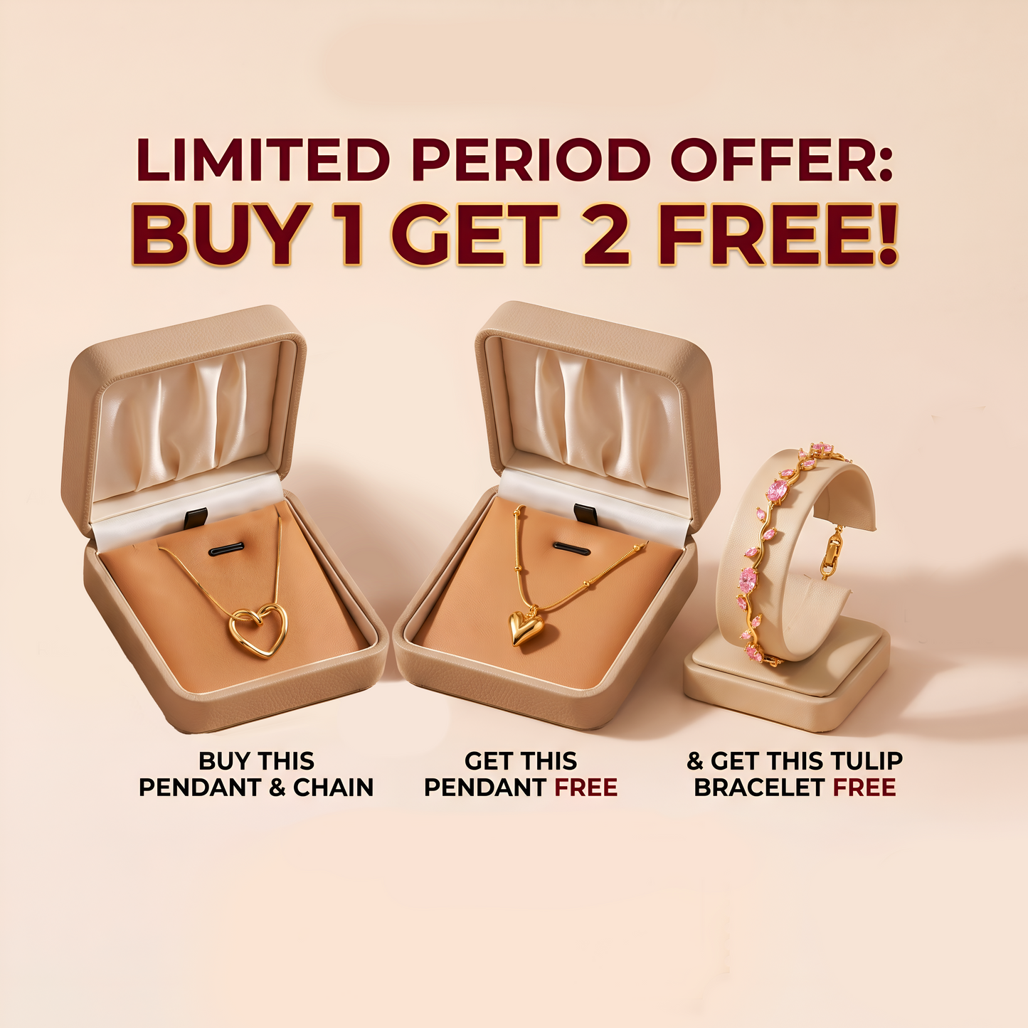 BUY 1 GET 2 FREE!!!  Heart Necklaces & Pink Tulip Bracelet Set