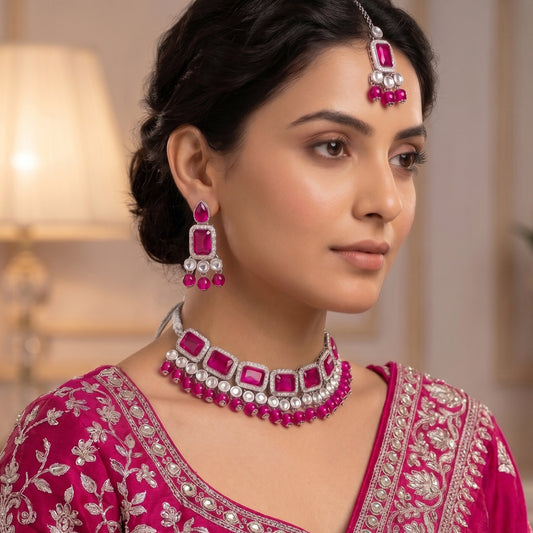 Elegant Rani Pink & Silver-Plated Choker Jewellery Set with Maang Tikka & Earrings