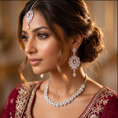 Elegant Silver Tone Necklace Set with Earrings & Maang Tikka