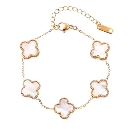 Elegant White Quatrefoil Clover Bracelet | Gold-Tone Chain