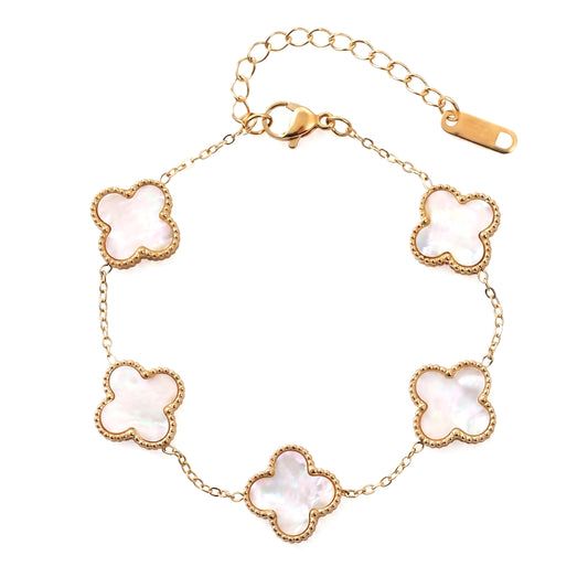 Elegant White Quatrefoil Clover Bracelet | Gold-Tone Chain