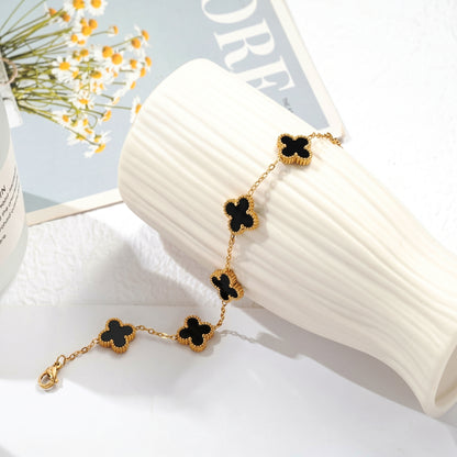 Elegant Black Quatrefoil Clover Bracelet | Gold-Tone Chain