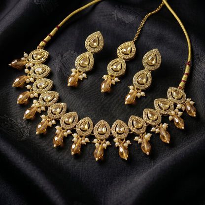 Elegant Champagne Gold Teardrop Necklace Set with Earrings & Maang Tikka