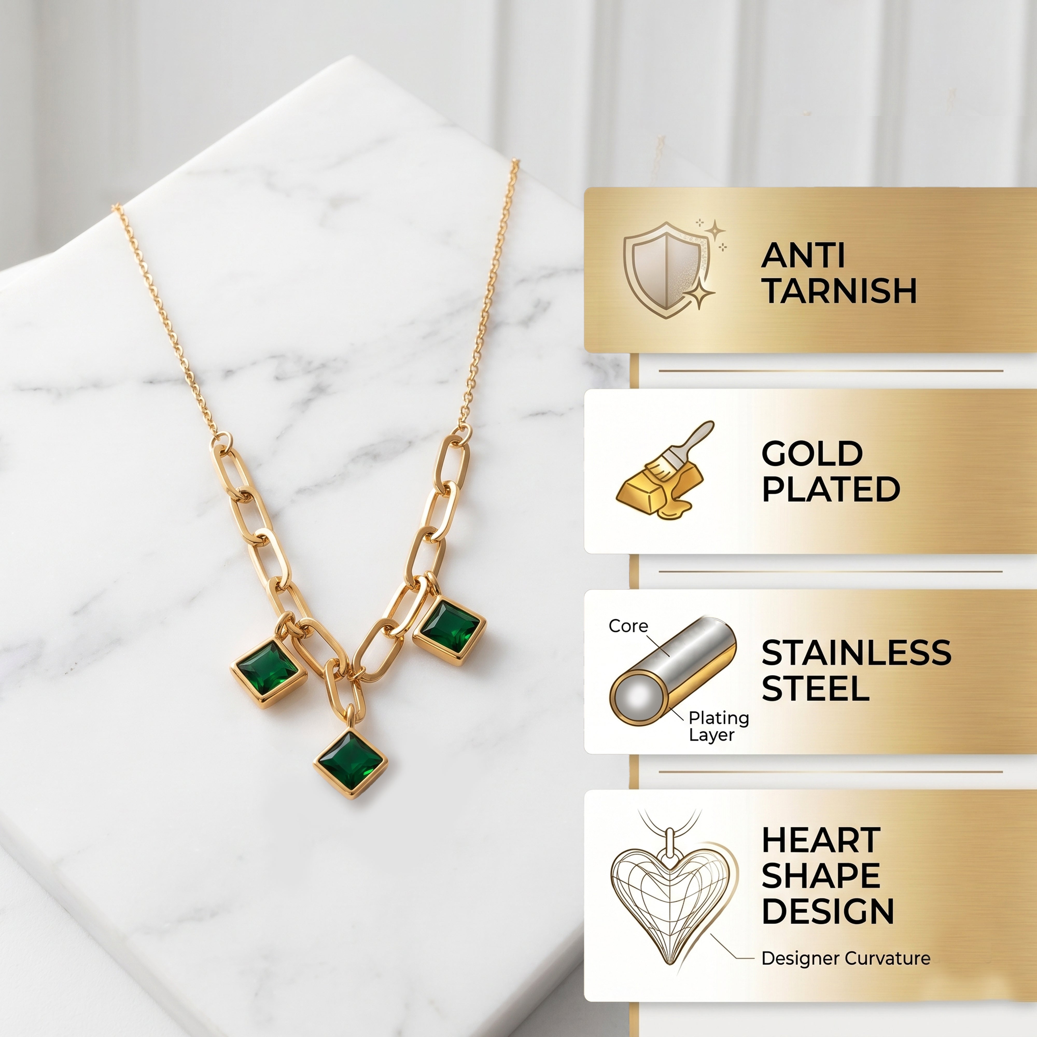 Anti-Tarnish Gold-plated Necklace Combo Set of 4 | Pink Stone, Opal, Emerald Charm & Open Heart Pendants