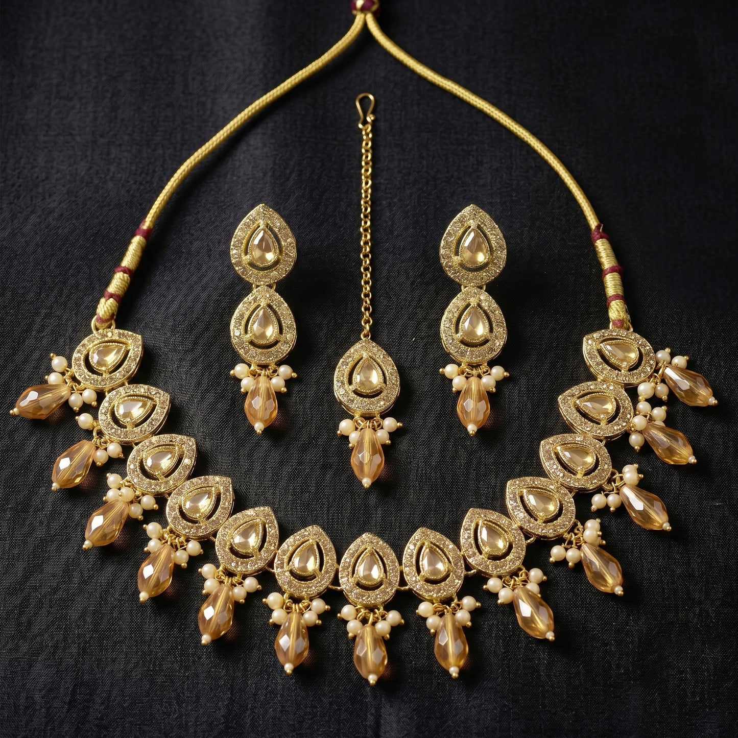 Elegant Champagne Gold Teardrop Necklace Set with Earrings & Maang Tikka