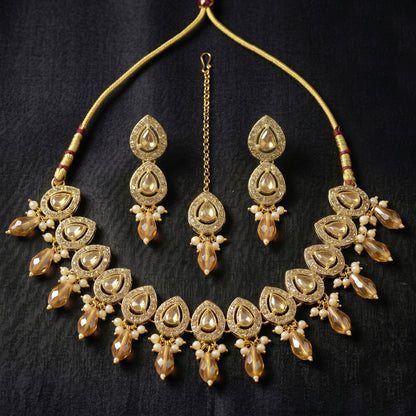 Elegant Champagne Gold Teardrop Necklace Set with Earrings & Maang Tikka