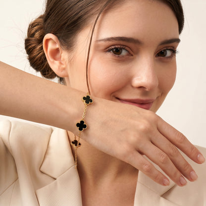 Elegant Black Quatrefoil Clover Bracelet | Gold-Tone Chain