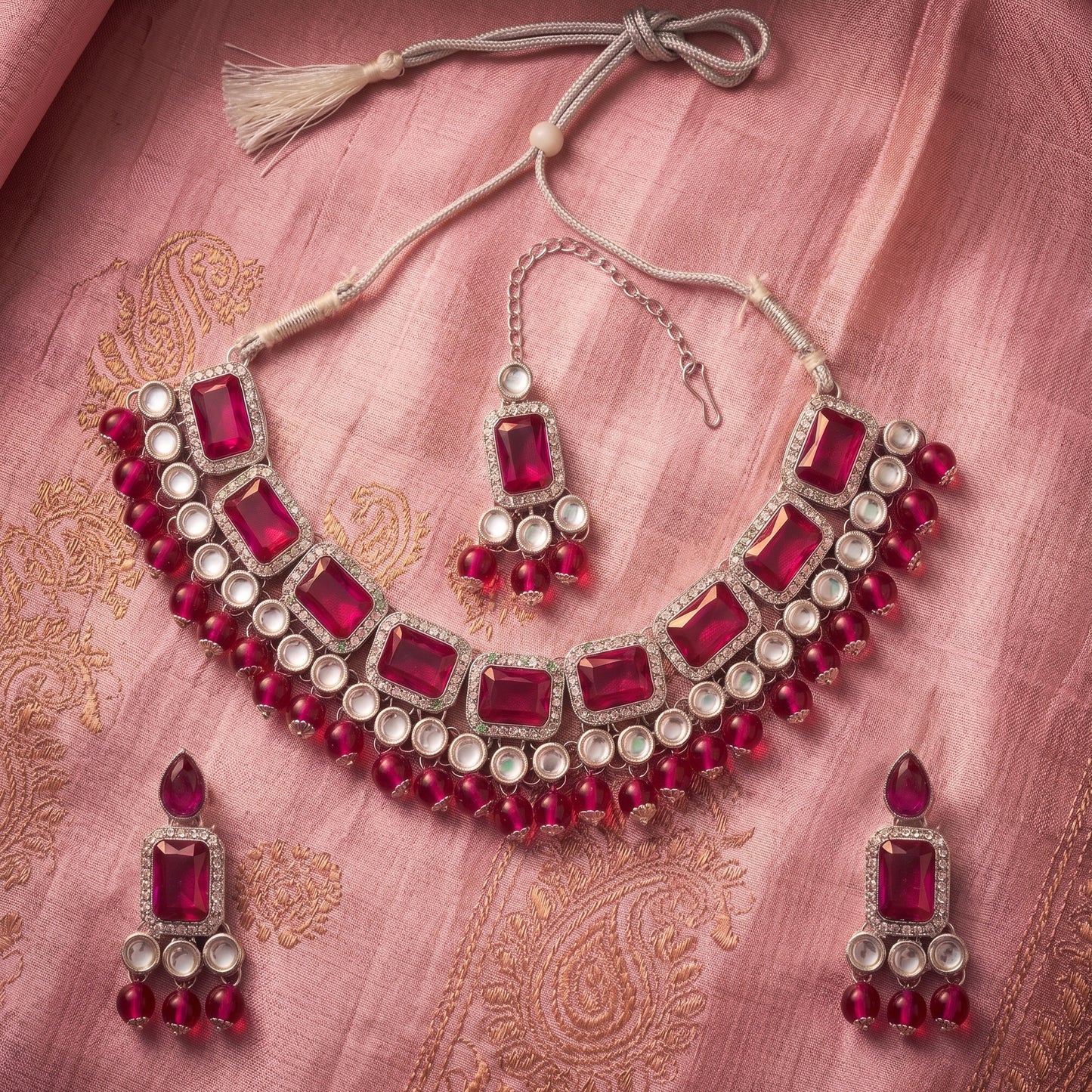 Elegant Rani Pink & Silver-Plated Choker Jewellery Set with Maang Tikka & Earrings