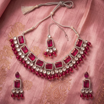 Elegant Rani Pink & Silver-Plated Choker Jewellery Set with Maang Tikka & Earrings