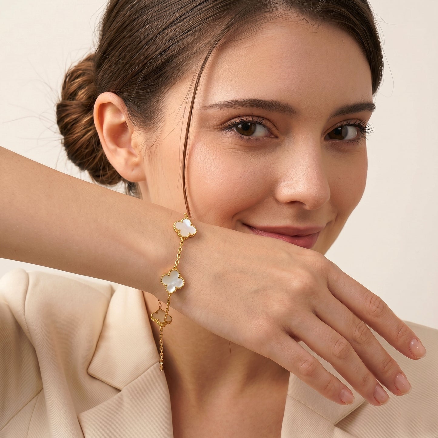 Elegant White Quatrefoil Clover Bracelet | Gold-Tone Chain