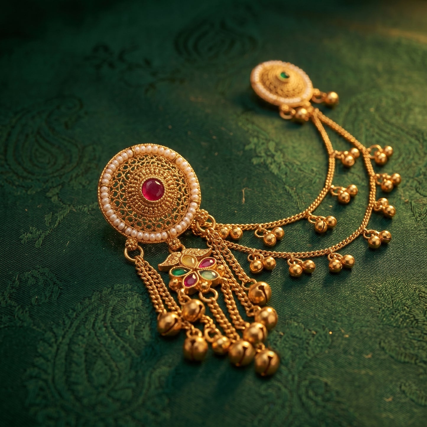 Traditional Gold-Plated Bahubali Earrings with Hair Chain & Pearl Detailing