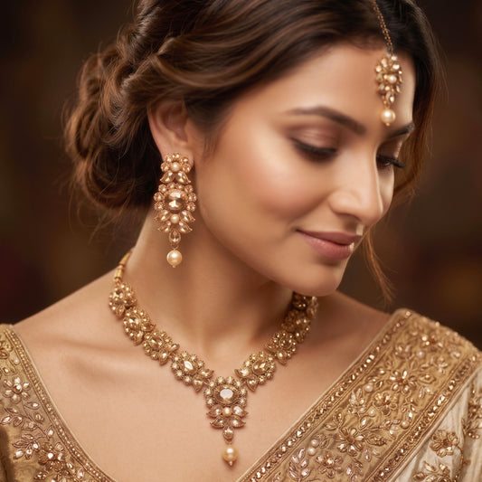 Elegant Champagne Gold Traditional Necklace Set with Earrings & Maang Tikka