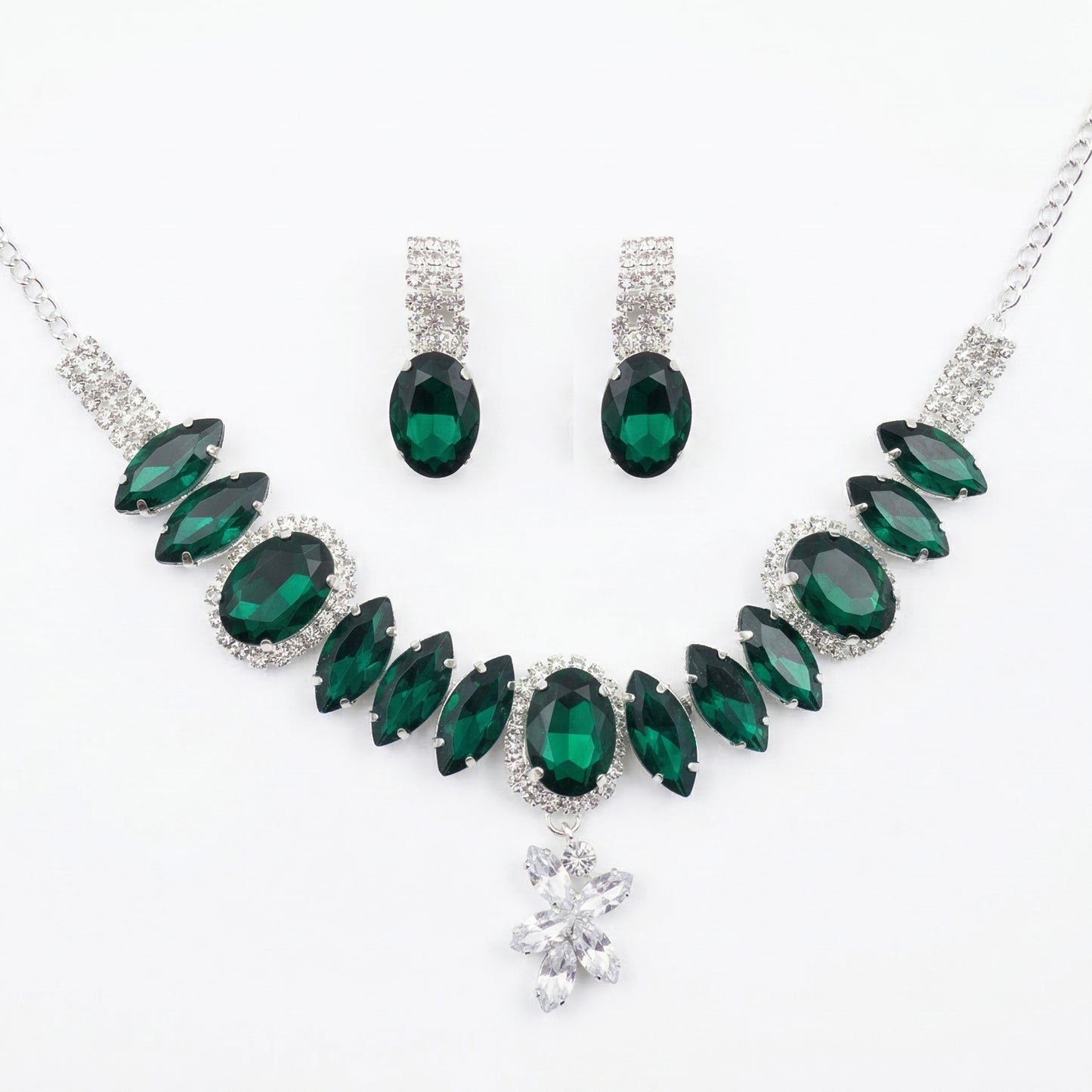 Elegant Emerald Green Crystal Statement Necklace & Earring Jewellery Set