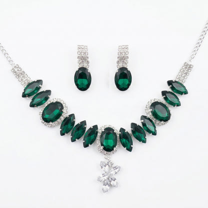 Elegant Emerald Green Crystal Statement Necklace & Earring Jewellery Set