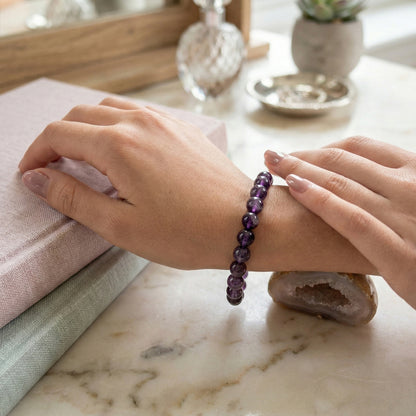 Natural Amethyst Healing Crystal Bracelet | Round Purple Stone Beads