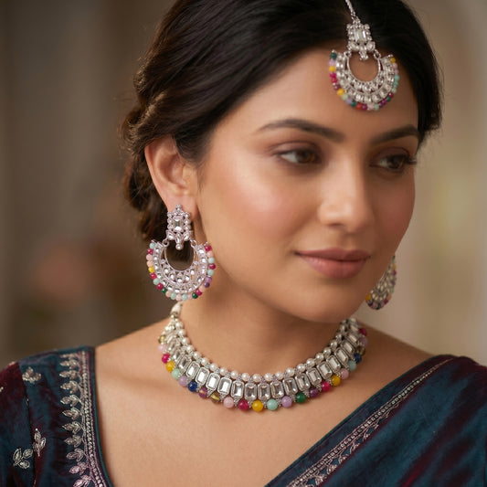 Premium Silver-Toned Kundan Choker Set with Multi-Color Beaded Drops