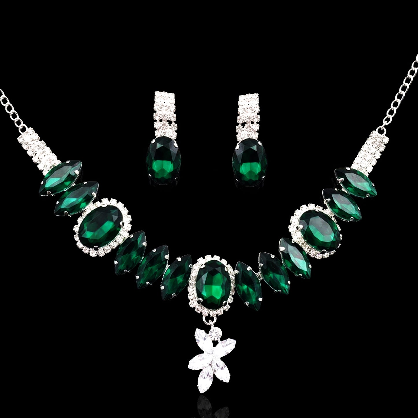 Elegant Emerald Green Crystal Statement Necklace & Earring Jewellery Set