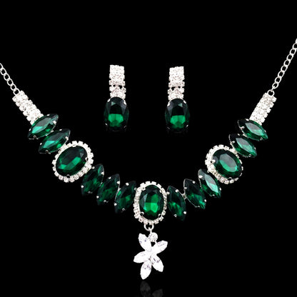 Elegant Emerald Green Crystal Statement Necklace & Earring Jewellery Set