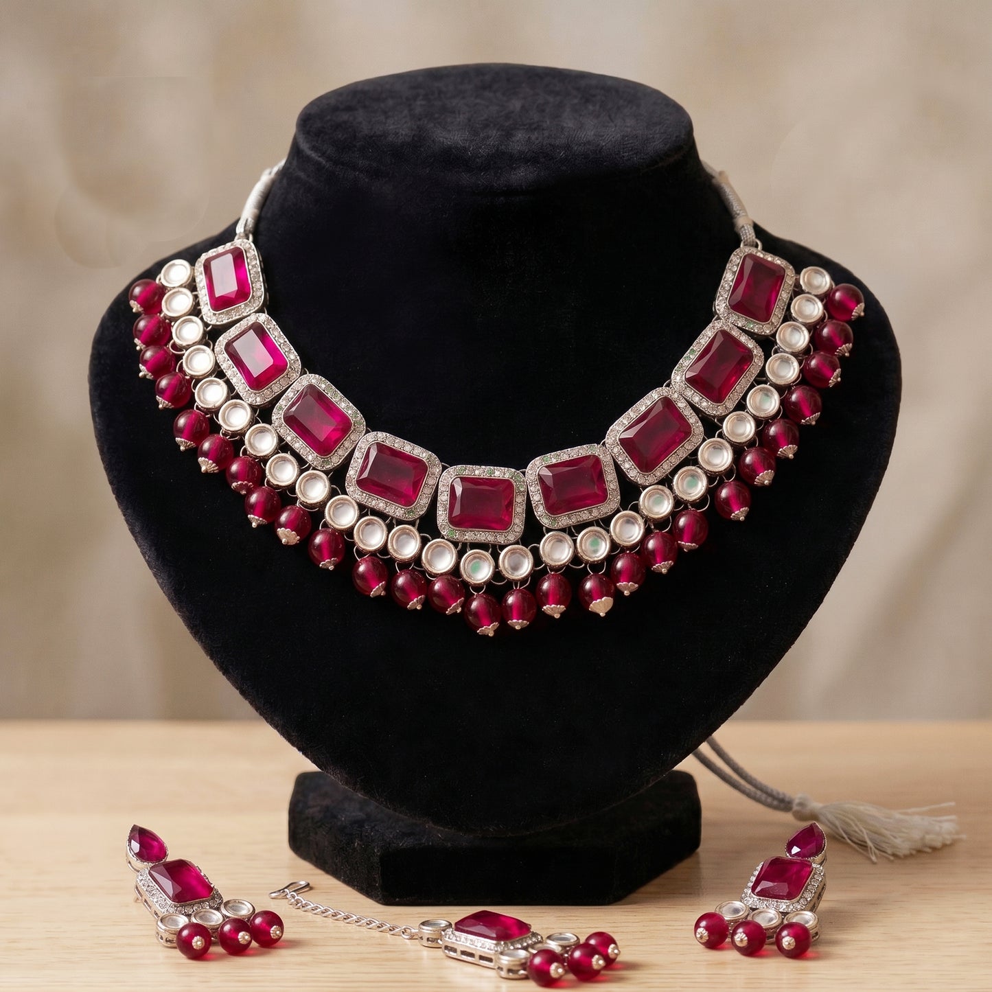 Elegant Rani Pink & Silver-Plated Choker Jewellery Set with Maang Tikka & Earrings