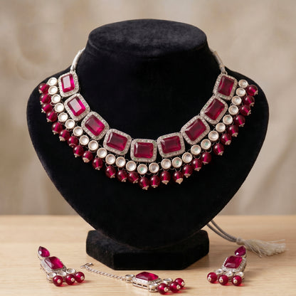 Elegant Rani Pink & Silver-Plated Choker Jewellery Set with Maang Tikka & Earrings