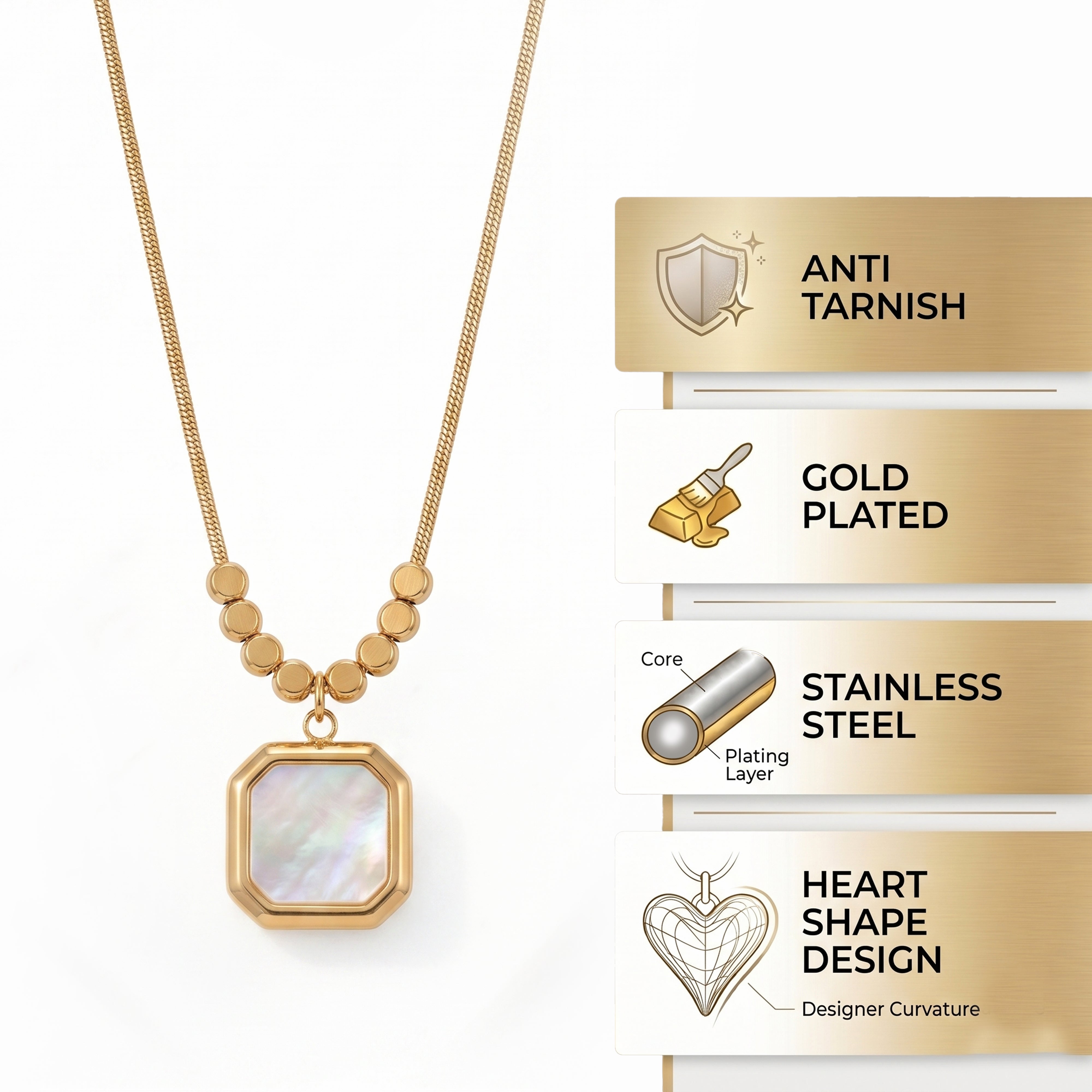 Elegant 2-Piece Anti-Tarnish Gold Necklace Combo: Iridescent Pearl & Pink Gem Pendants