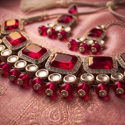 Elegant Rani Pink & Silver-Plated Choker Jewellery Set with Maang Tikka & Earrings